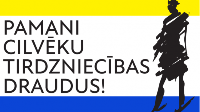 Vizuālis ar Ukrainas karoga krāsām un uzrakstu "Pamani cilvēku tirdzniecības draudus!"