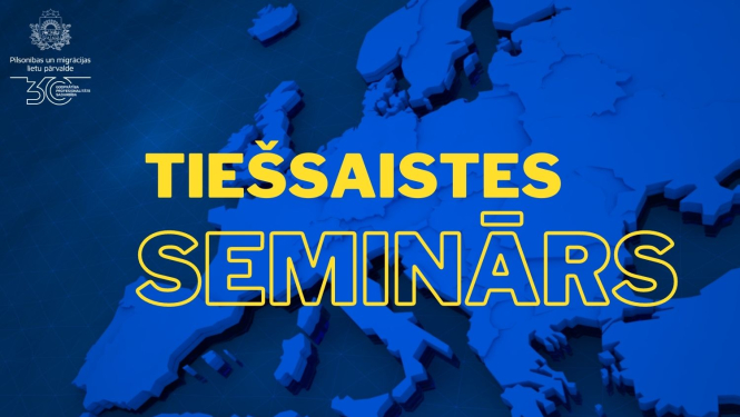 Grafisks attēls ar uzrakstu "Tiešsaites seminārs"
