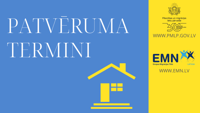 Ilustratīvs attēls zilā un dzeltenā krāsā ar uzrakstu "Patvēruma termini"