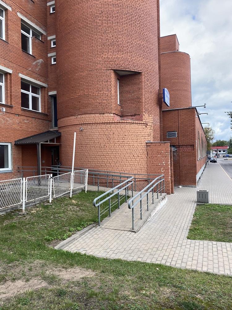 entrance to the building with ramp