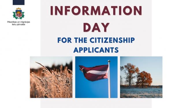 text "information day for the citizenship applicants" with small pictures of summer meadow, winter meadow, Latvian flag
