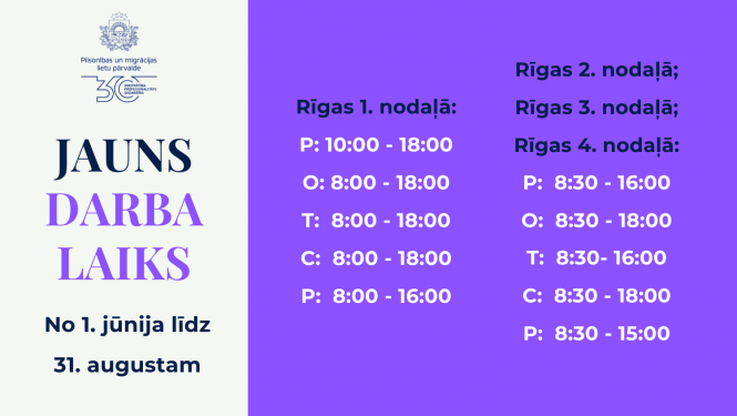 Jauns darba laiks RĪgas nodaļās no 1. jūnija