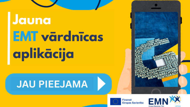Uzraksts uz dzeltena fona: jauna EMT vārdnīcas aplikācija jau pieejama, un mobila telefona attēls