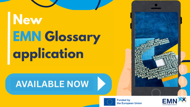 Text on yellow background - New EMN Glossary application - Available Now