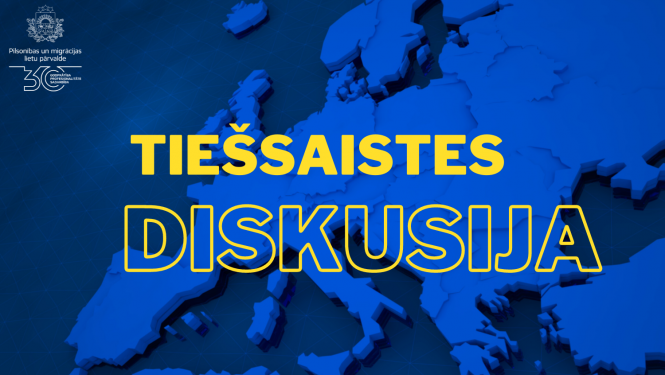 Eiropas karte zilos toņos un spilgti dzeltens fons "Tiešsaites diskusija"