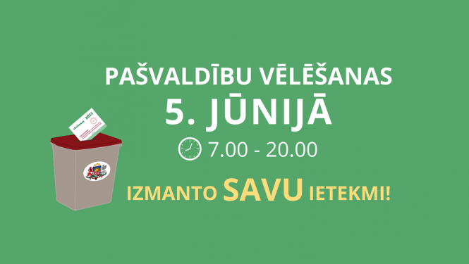 Grafisks attēls ar uzrakstu Pašvaldību vēlēšanas 5. jūnijā. izmanto savu ietekmi