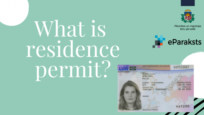 Vizuāls materiāls ar uzturēšanās atļaujas kartes fotogrāfiju un uzrakstu angliski "What is residence permit?"