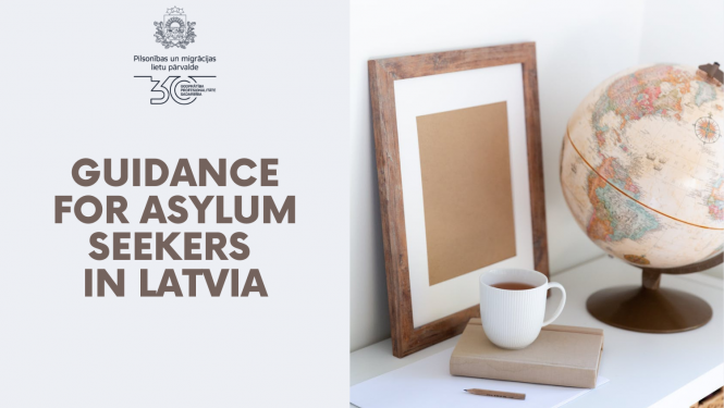 Text: Guidance for asylum seekers  in Latvia, on the tale are coffee mug, the globe and other items