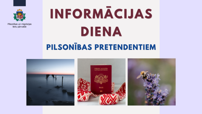 Jūra, pase, lillā ziedi ar biti. Teksts: Informācijas diena
