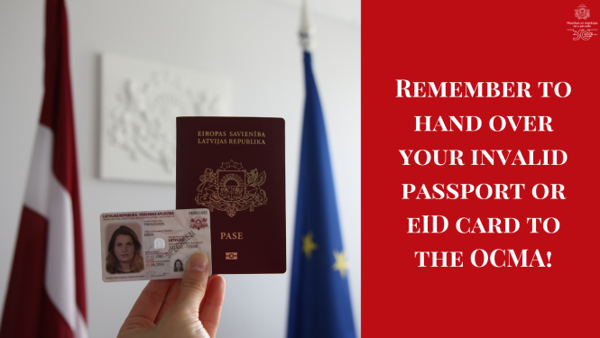 Pase un eId karte uz Latvijas karoga un ES karoga fona un uzraksts "Atceries nodot Pārvaldei savu nederīgo pasi vai eID karti 