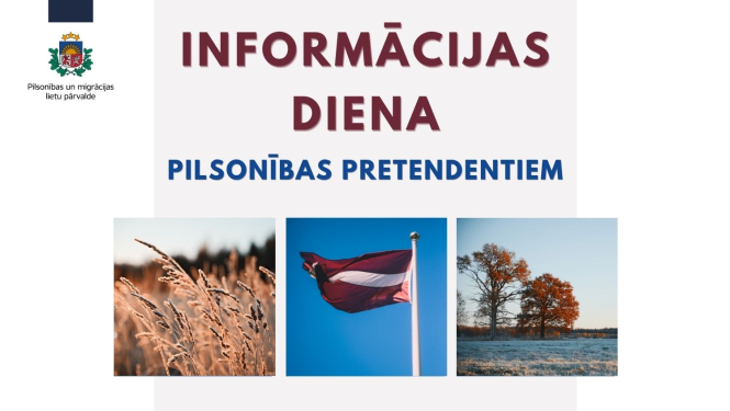teksts "informācijas diena pilsonības pretendentiem", pļava, plīvojošs Latvijas karogs, pļava ziemā