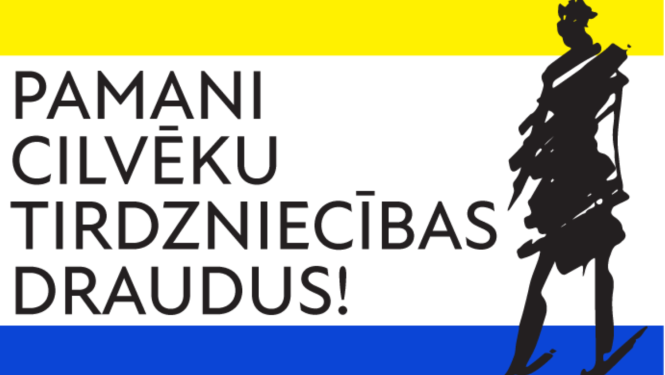 Vizuālis ar Ukrainas karoga krāsām un uzrakstu "Pamani cilvēku tirdzniecības draudus!"
