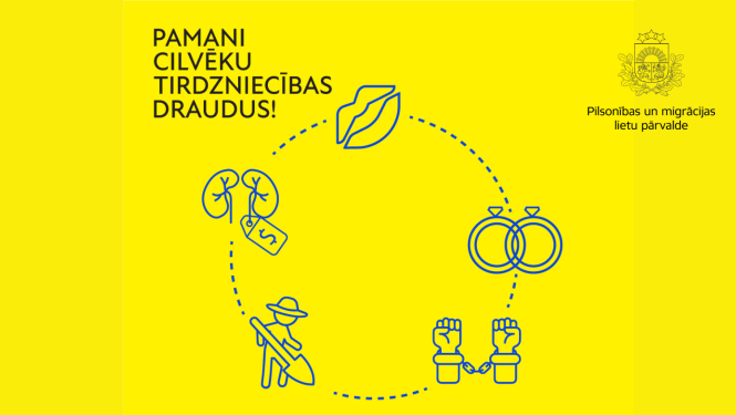 Dzeltens kampaņas vizuālis ar uzrakstu: "pamani cilvēku tirdzniecības draudus"