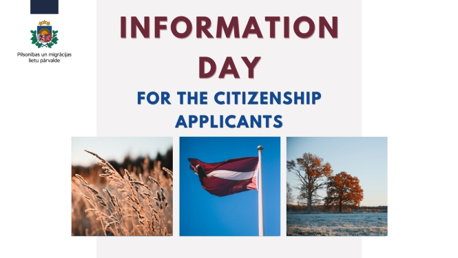 text "information day for the citizenship applicants" with small pictures of summer meadow, winter meadow, Latvian flag
