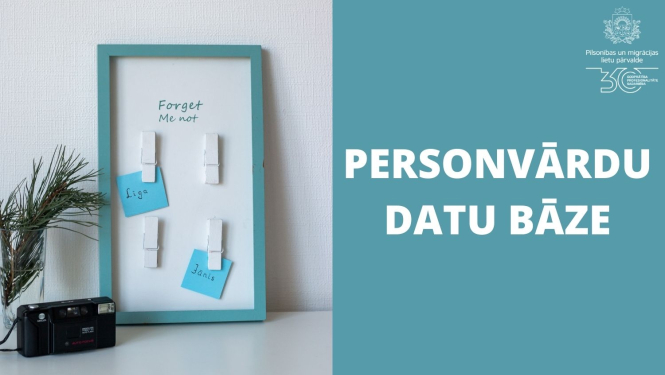 Tāfele piezīmēm un uzraksts "Personvārdu datu bāze"