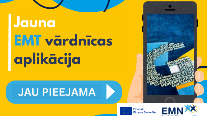 Uzraksts uz dzeltena fona: jauna EMT vārdnīcas aplikācija jau pieejama, un mobila telefona attēls