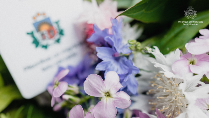 Daudzkrāsainas puķes uz PMLP ģērboņa fona