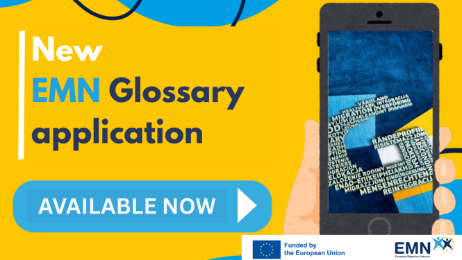 Text on yellow background - New EMN Glossary application - Available Now