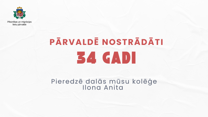 Teksts uz gaišā fona: Pārvaldē nostrādāti 34 gadi. Pieredzē dalās mūsu kolēģe Ilona Anita