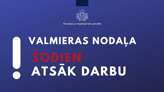 Teksts uz zilā fona par to, ka Valmiera šodien atsāk darbu