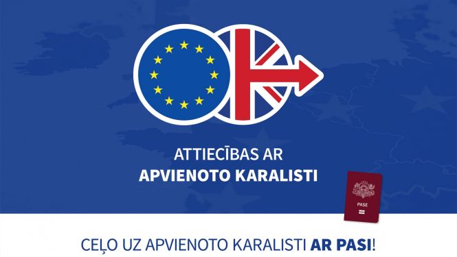 Vizuālais materiāls ar apvienotās karalistes un eiropas savienības logo uz zilā fona, un uzrakstu "Ceļo uz apvienoto karalisti ar pasi!"