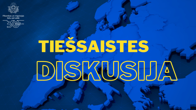 Eiropas karte zilos toņos un spilgti dzeltens fons "Tiešsaites diskusija"