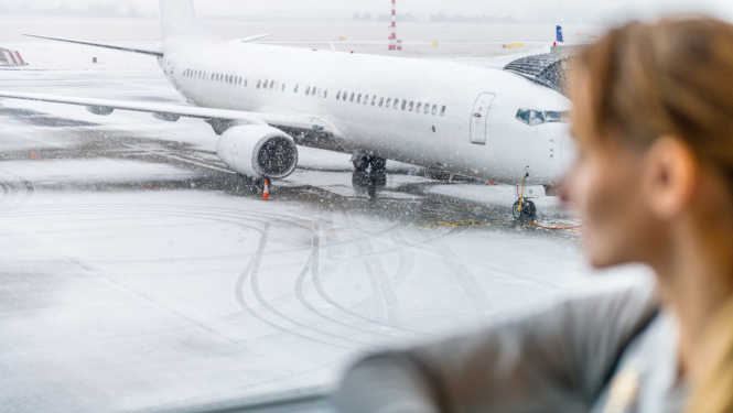 Sieviete, kura gaida pie lidmašīnas loga, vērojot pa logu lidmašīnu, kas gatavojas reisam