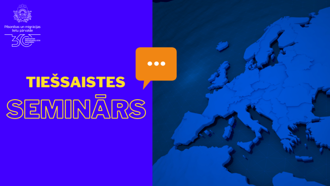 grafiskais attēls ar Eiropas karti un uzraksts "Tiešsaites seminārs"