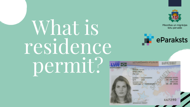 Vizuāls materiāls ar uzturēšanās atļaujas kartes fotogrāfiju un uzrakstu angliski "What is residence permit?"