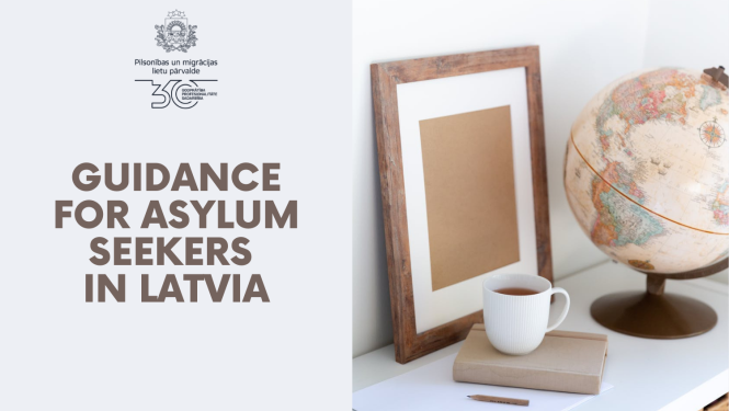 Text: Guidance for asylum seekers  in Latvia, on the tale are coffee mug, the globe and other items