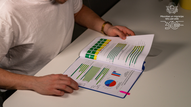 Vīrietis sēž pie galda, šķirstot grāmatu ar grafikiem