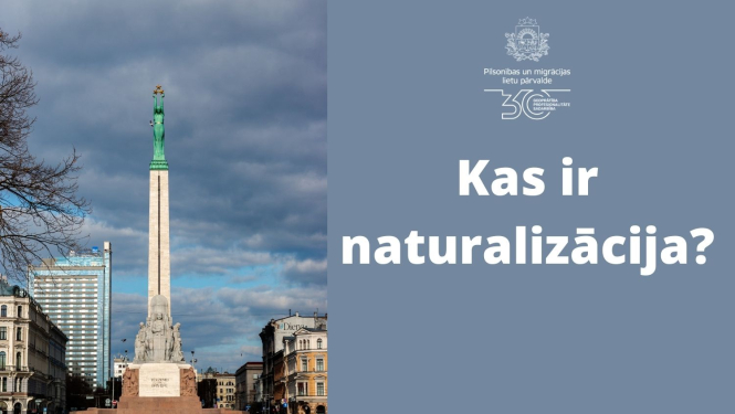 Brīvības piemineklis un uzraksts "Kas ir naturalizācija?"