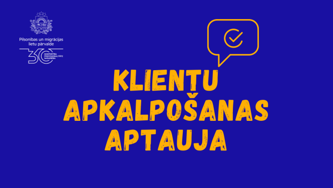 Dzeltens teksts uz tumši zilā fona "Klientu apkalpošanas aptauja"