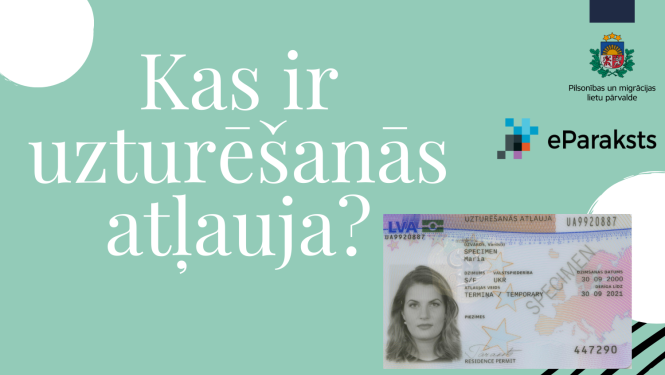 Vizuāls materiāls ar uzturēšanās atļaujas kartes fotogrāfiju un uzrakstu "Kas ir uzturēšanās atļauja"