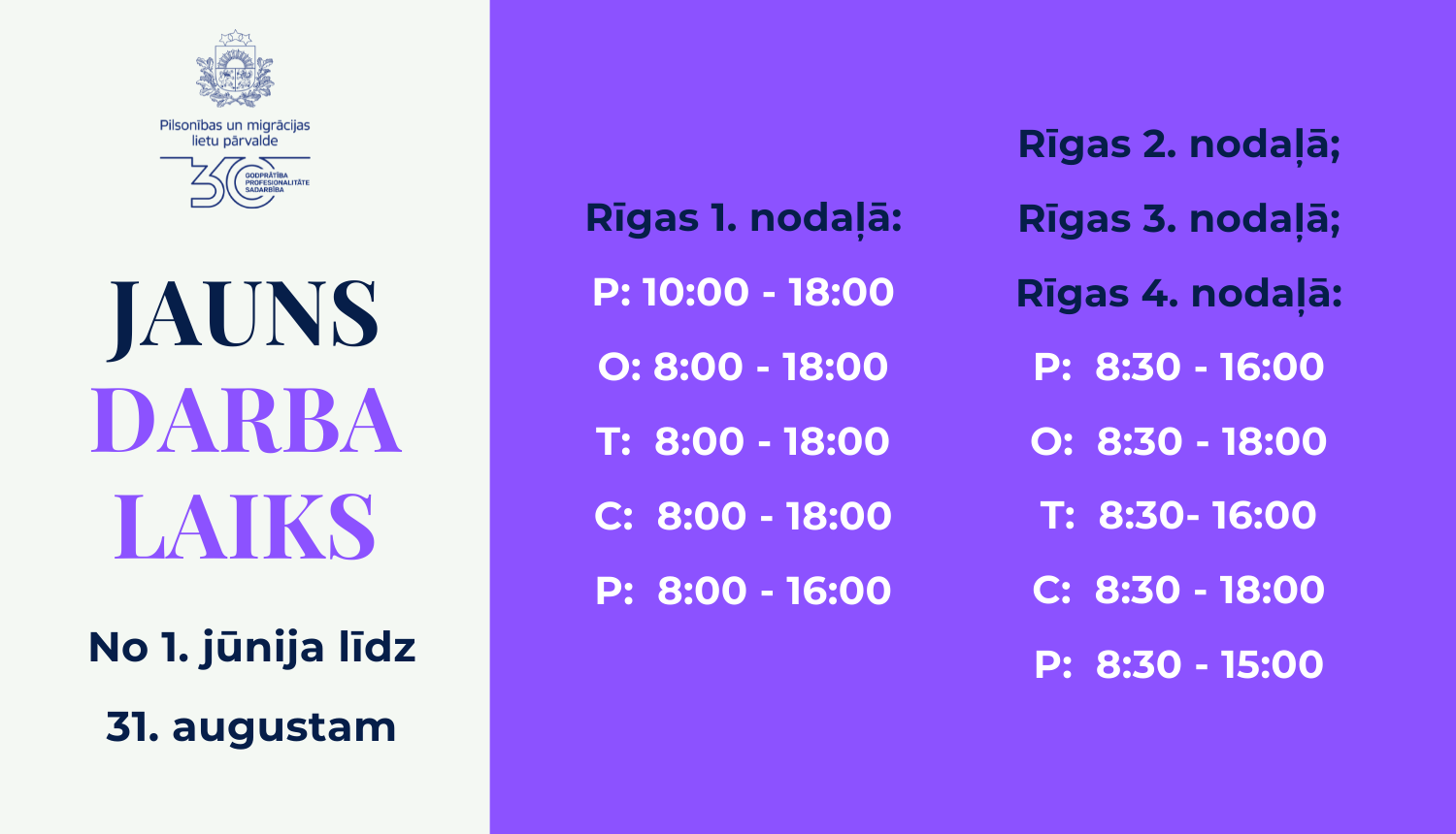 Jauns darba laiks RĪgas nodaļās no 1. jūnija