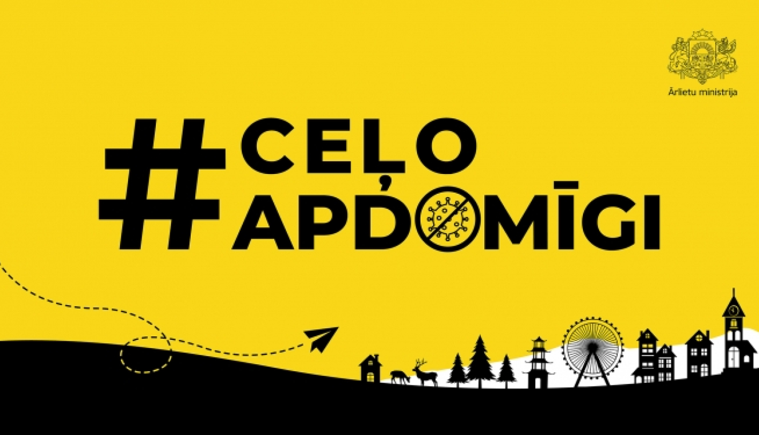 uzraksts #Ceļo apdomīgi uz dzeltenā fona