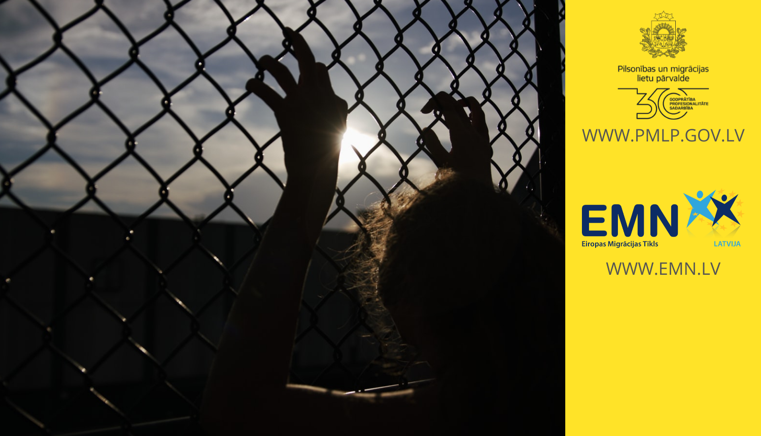 cilvēks aiz restēm, PMLP u EMN logo