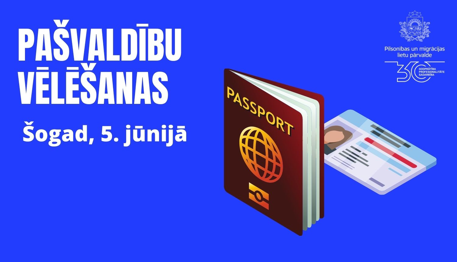 Uz spilgti zilā fona pases un eID kartes attēls