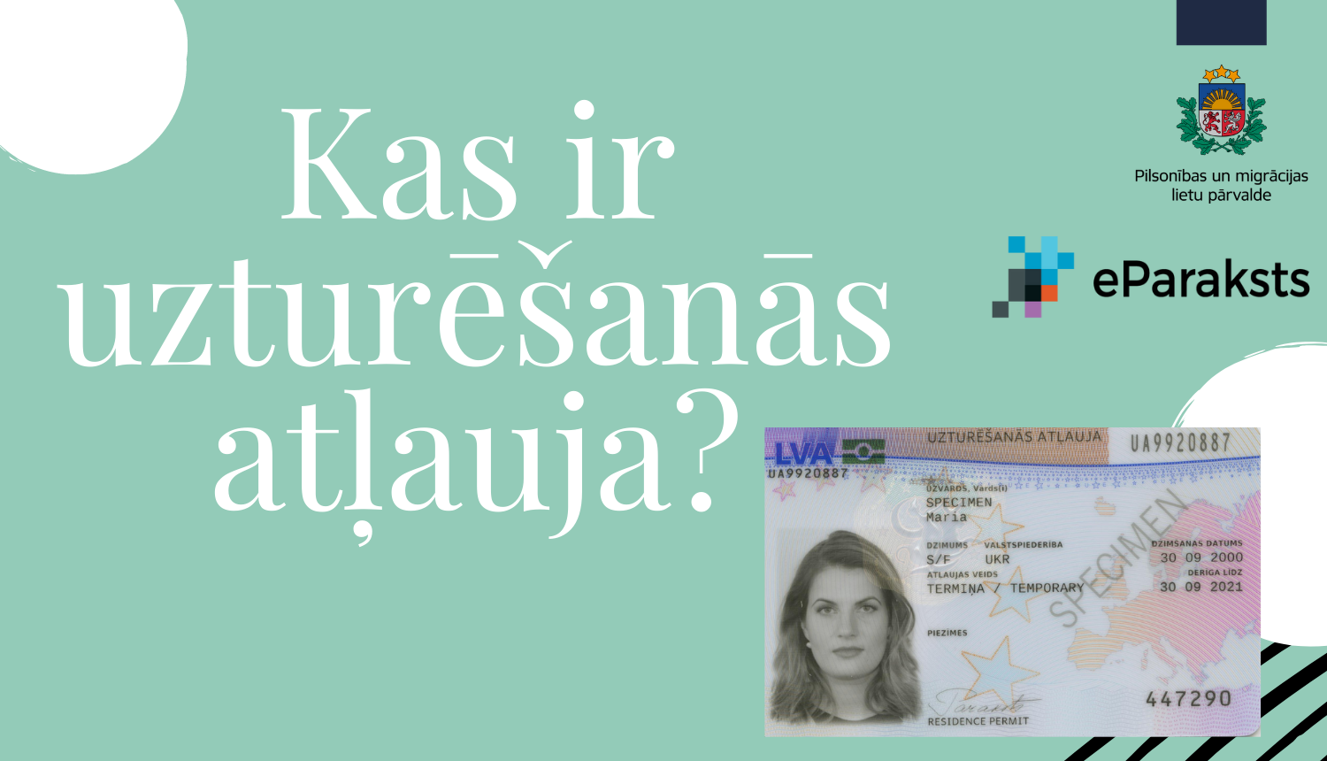 Vizuāls materiāls ar uzturēšanās atļaujas kartes fotogrāfiju un uzrakstu "Kas ir uzturēšanās atļauja"