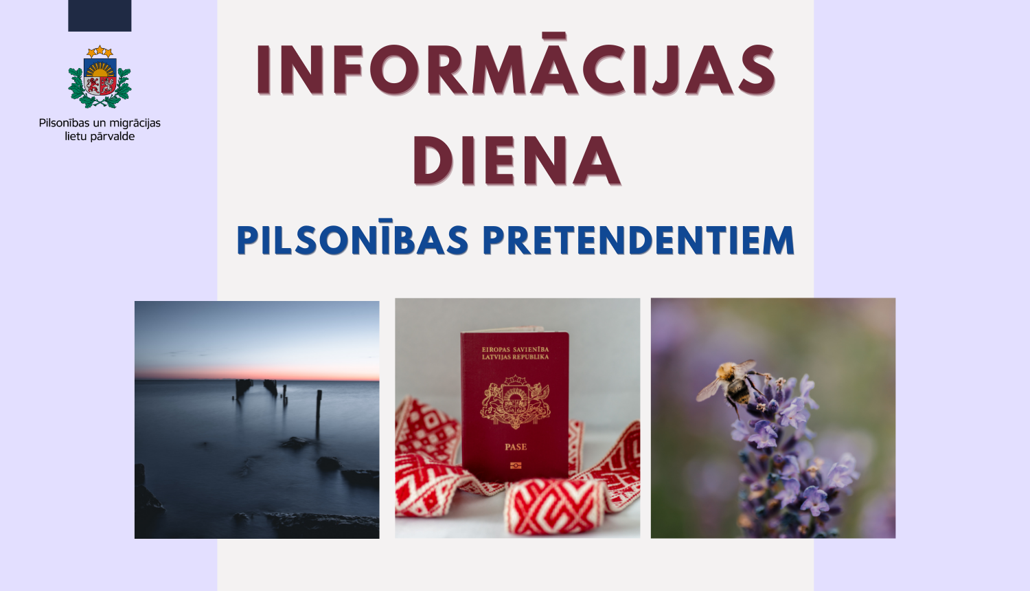 Jūra, pase, lillā ziedi ar biti. Teksts: Informācijas diena