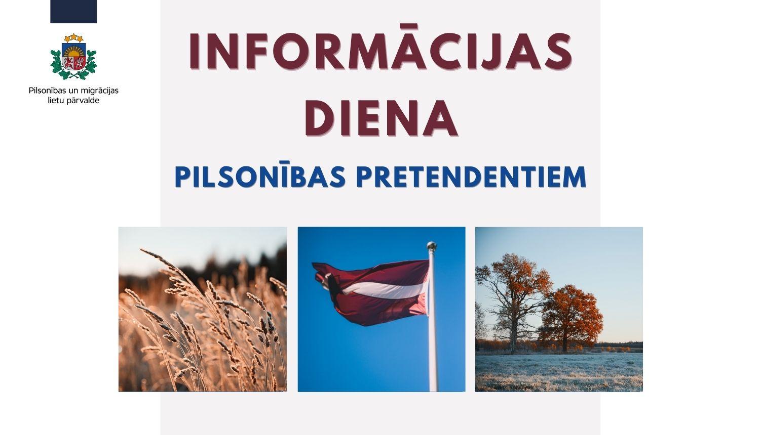 teksts "informācijas diena pilsonības pretendentiem", pļava, plīvojošs Latvijas karogs, pļava ziemā