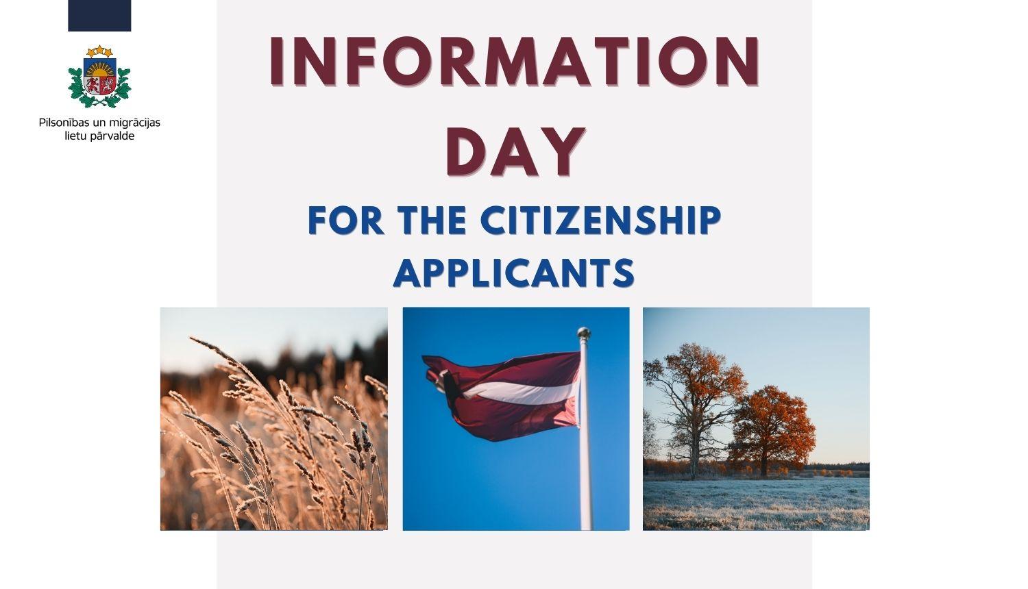 text "information day for the citizenship applicants" with small pictures of summer meadow, winter meadow, Latvian flag