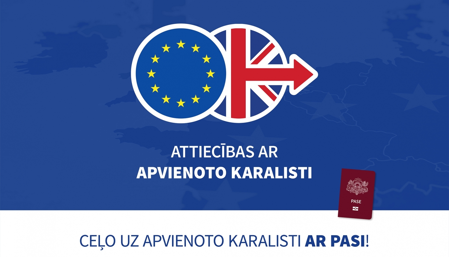 Vizuālais materiāls ar apvienotās karalistes un eiropas savienības logo uz zilā fona, un uzrakstu "Ceļo uz apvienoto karalisti ar pasi!"