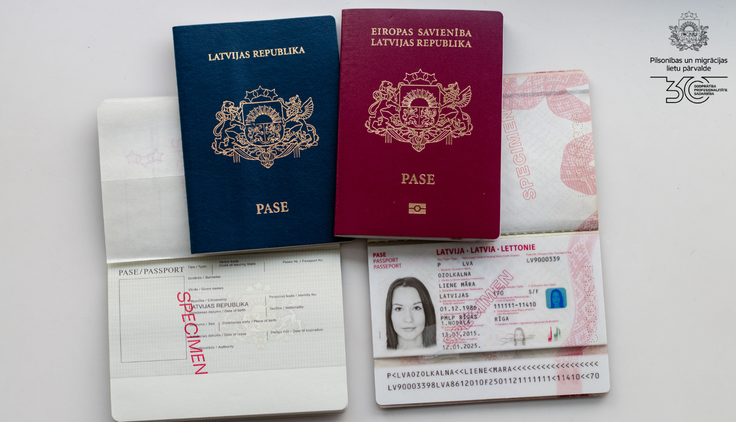 Uz galda četras pases: Latvijas pilsoņa un Latvijas nepilsoņa pases, UN DIVAS PASES ATVĒRTĀ VEIDĀ