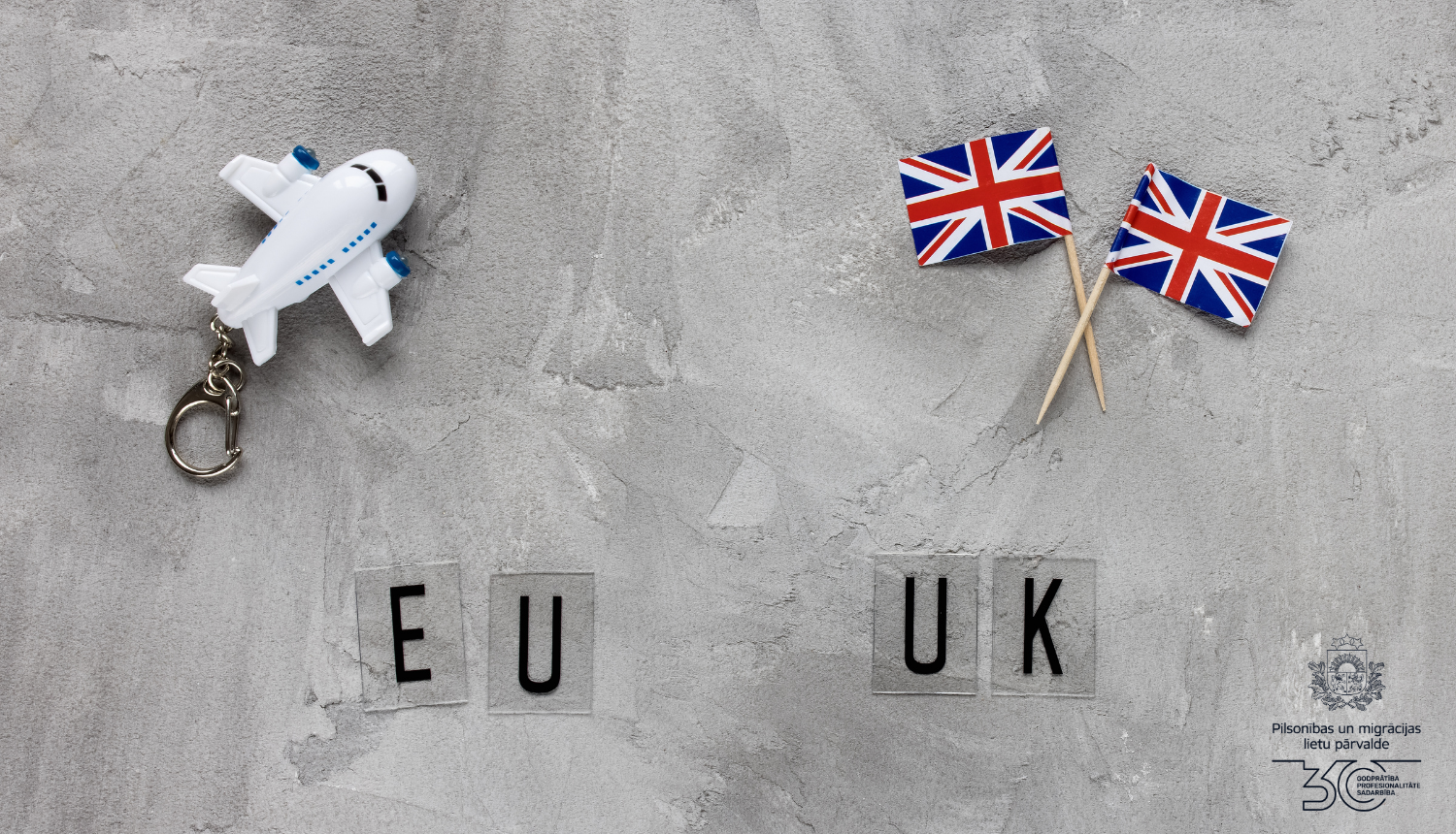 Maza lidmašīna un mazie UK karodziņi uz alda ar uzrakstiem "EU" un "UK"